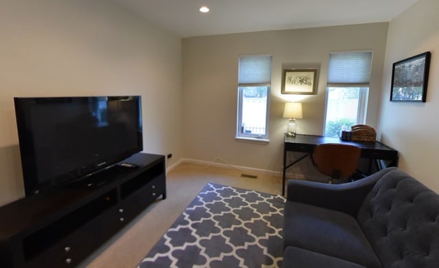 carpeted home office featuring baseboards and recessed lighting