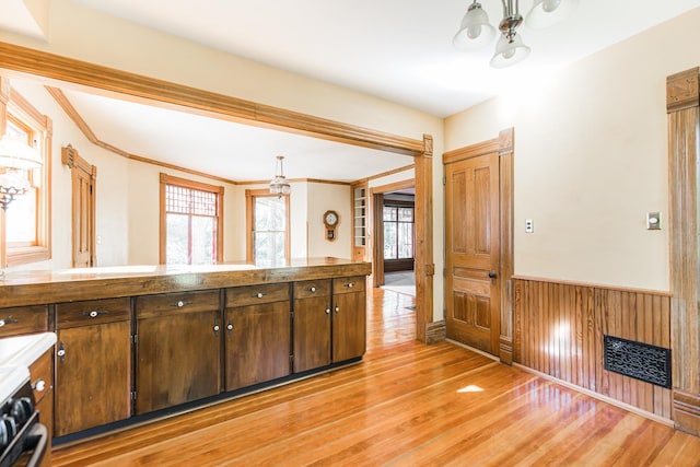 706 Washington Ave, Dixon, IL 61021 - kitchen featuring a chandelier, plenty of natural light, light wood-style flooring, dark brown cabinets, and wainscoting