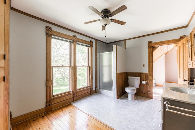706 Washington Ave, Dixon, IL 61021 - full bath with toilet, ornamental molding, vanity, a shower stall, and baseboards
