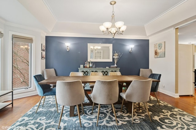 122 Ravine Ln, Barrington, IL 60010 - dining area with a chandelier, wood finished floors, baseboards, ornamental molding, and a tray ceiling