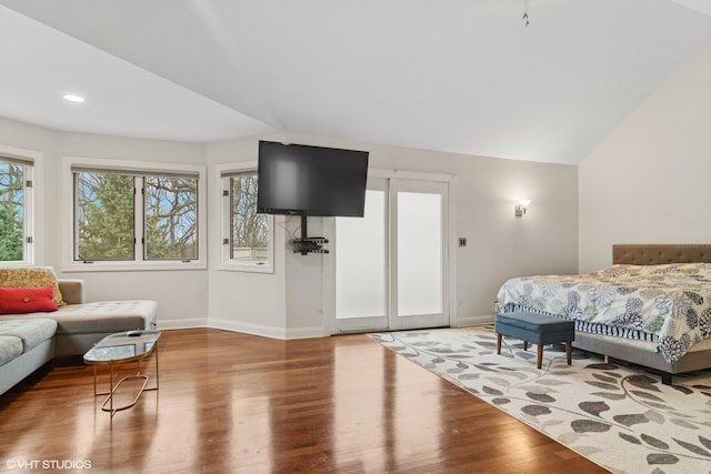122 Ravine Ln, Barrington, IL 60010 - bedroom with baseboards, wood finished floors, access to exterior, recessed lighting, and vaulted ceiling