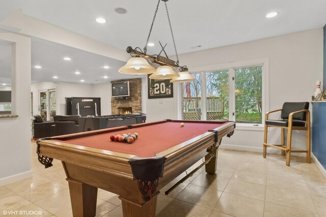 122 Ravine Ln, Barrington, IL 60010 - game room with baseboards, a fireplace, recessed lighting, and light tile patterned floors