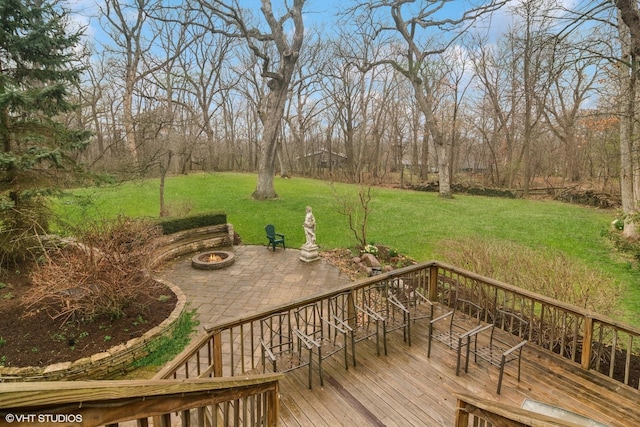 122 Ravine Ln, Barrington, IL 60010 - wooden terrace with an outdoor fire pit, a yard, a patio area, and stairs