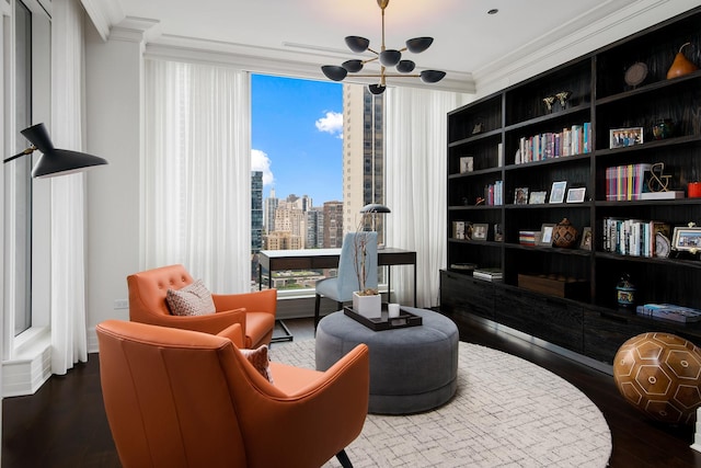 9 W Walton St Unit 1702, Chicago, IL 60610 - living area featuring crown molding, a chandelier, wood finished floors, and a view of city