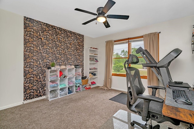817 W 3rd St, Braidwood, IL 60408 - carpeted office featuring ceiling fan, baseboards, and wallpapered walls