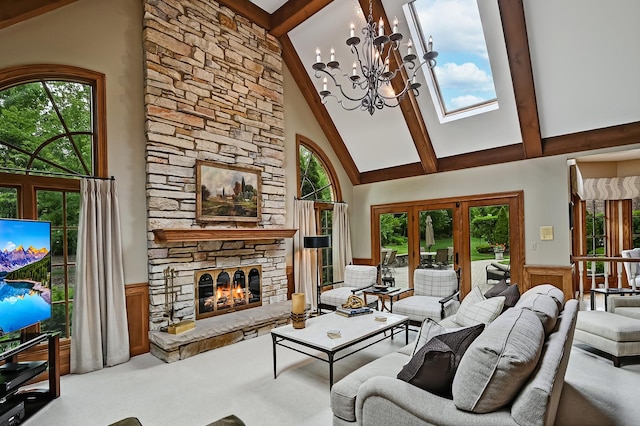 2 Hampton Ct, Burr Ridge, IL 60527 - living room with high vaulted ceiling, carpet, beamed ceiling, a wainscoted wall, and a chandelier