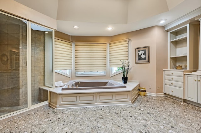 2 Hampton Ct, Burr Ridge, IL 60527 - bathroom featuring a shower stall, a garden tub, recessed lighting, and baseboards