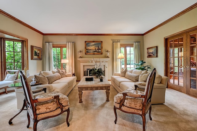 2 Hampton Ct, Burr Ridge, IL 60527 - living area featuring light carpet, crown molding, a fireplace, and french doors