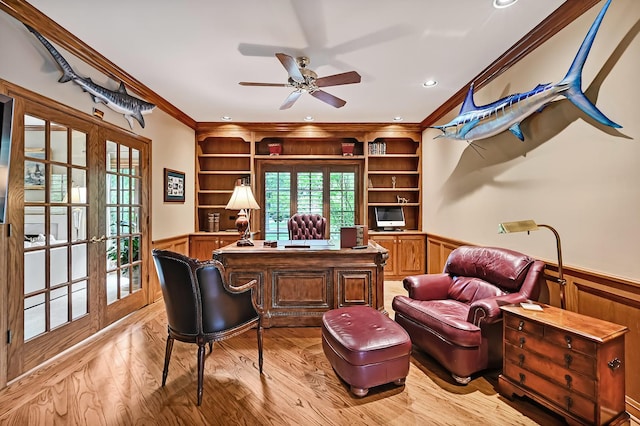 2 Hampton Ct, Burr Ridge, IL 60527 - office featuring built in shelves, a wainscoted wall, ornamental molding, french doors, and ceiling fan