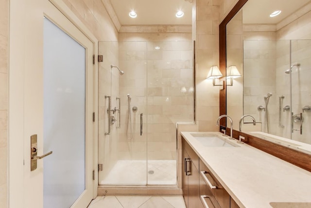 333 W Hubbard St Unit 704, Chicago, IL 60654 - full bath with a stall shower, vanity, tile patterned floors, and recessed lighting
