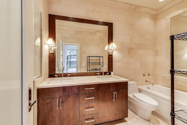 333 W Hubbard St Unit 704, Chicago, IL 60654 - bathroom with toilet, tile walls, double vanity, tile patterned floors, and shower / bathtub combination