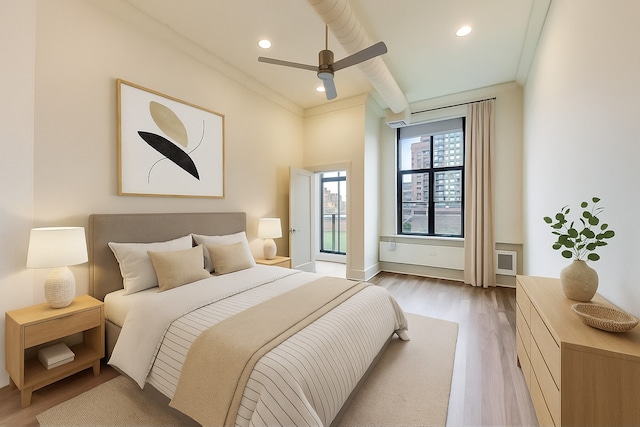 333 W Hubbard St Unit 704, Chicago, IL 60654 - bedroom with wood finished floors, ornamental molding, recessed lighting, a ceiling fan, and beamed ceiling