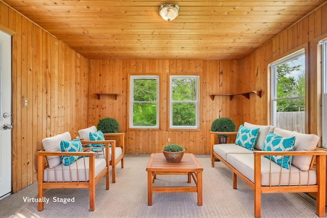 28549 W High Rd, Ingleside, IL 60041 - sitting room with wooden ceiling, wood walls, and light colored carpet