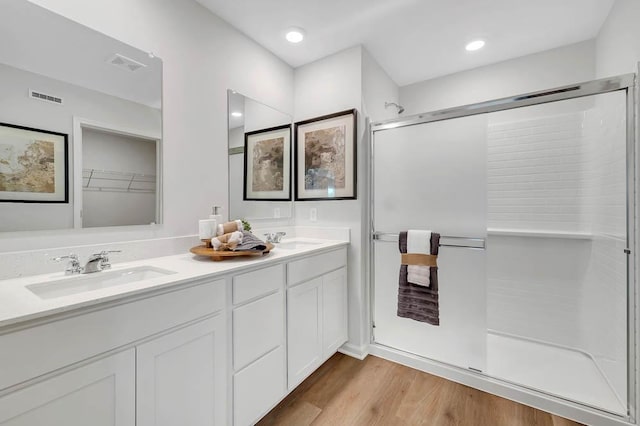 5010 Linden Rd, Mount Pleasant, WI 53403 - full bathroom featuring a shower stall, wood finished floors, and double vanity