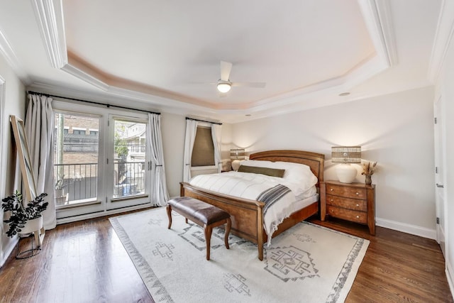 3506 N Southport Ave Unit 1N, Chicago, IL 60657 - bedroom featuring a raised ceiling, access to exterior, wood finished floors, crown molding, and a baseboard radiator