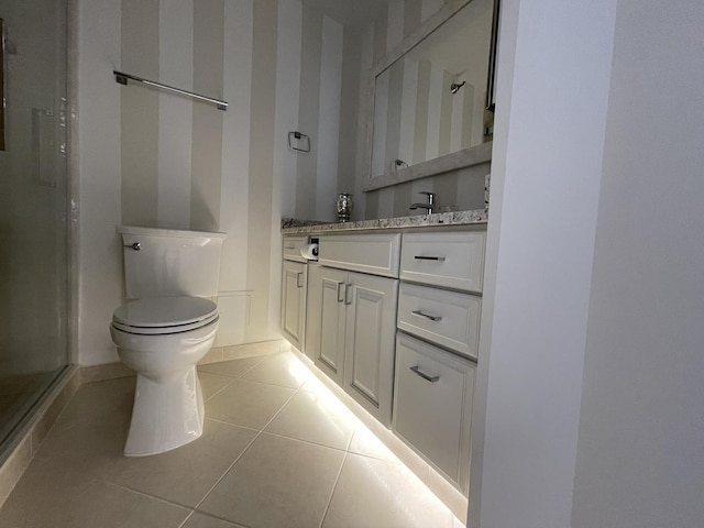 bathroom featuring a shower stall, toilet, tile patterned flooring, and vanity