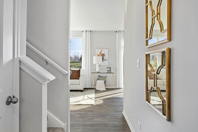 foyer with dark wood-type flooring and baseboards