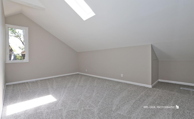 1401 N Park Dr, Round Lake Beach, IL 60073 - additional living space with lofted ceiling, carpet, a skylight, and baseboards