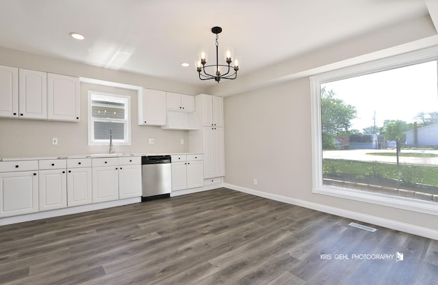 1401 N Park Dr, Round Lake Beach, IL 60073 - kitchen featuring stainless steel dishwasher, a sink, a chandelier, baseboards, and recessed lighting