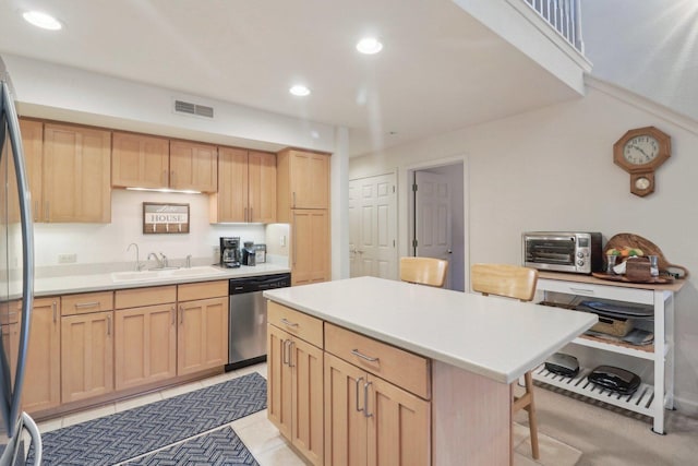 8421 Canary Grass Ln Unit 8421, Fox Lake, IL 60020 - kitchen featuring a sink, light brown cabinetry, stainless steel appliances, light countertops, and recessed lighting