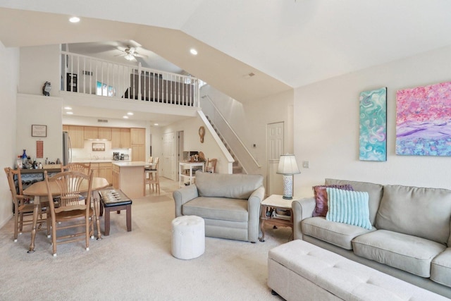 8421 Canary Grass Ln Unit 8421, Fox Lake, IL 60020 - living room with stairs, a high ceiling, light colored carpet, a ceiling fan, and recessed lighting