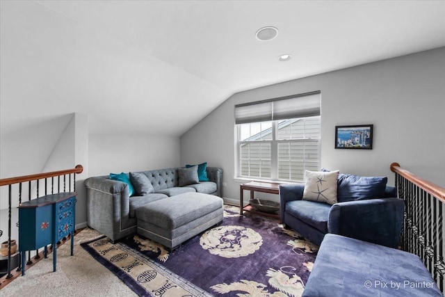 3879 Seigle Dr, Elgin, IL 60124 - living room with lofted ceiling, baseboards, and carpet flooring