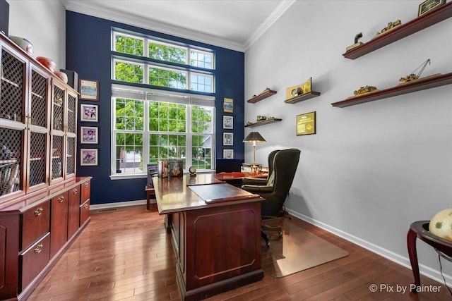 3879 Seigle Dr, Elgin, IL 60124 - office with ornamental molding, wood-type flooring, baseboards, and a towering ceiling