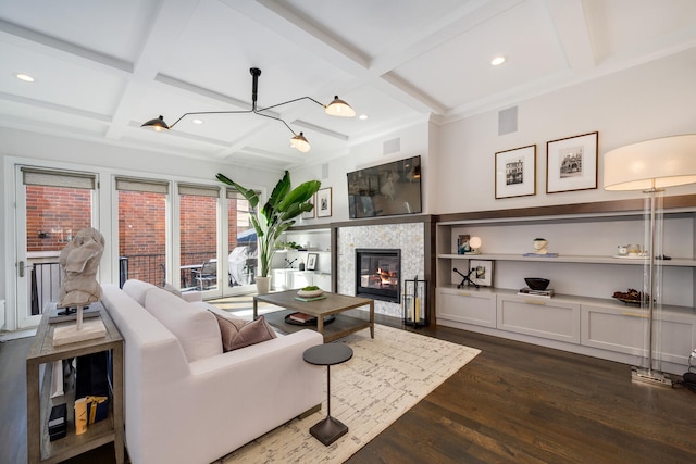 1616 N Winchester Ave, Chicago, IL 60622 - living room with coffered ceiling, dark wood-type flooring, a glass covered fireplace, beam ceiling, and recessed lighting