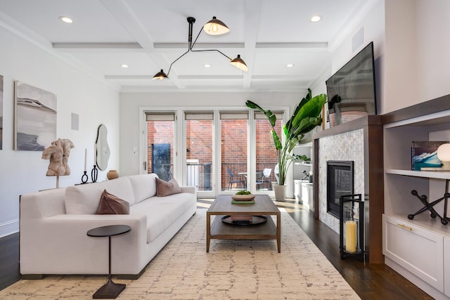 1616 N Winchester Ave, Chicago, IL 60622 - living room featuring coffered ceiling, dark wood-type flooring, recessed lighting, beamed ceiling, and a glass covered fireplace