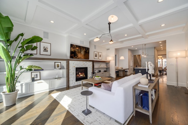 1616 N Winchester Ave, Chicago, IL 60622 - living area featuring coffered ceiling, a fireplace, recessed lighting, dark wood finished floors, and beam ceiling