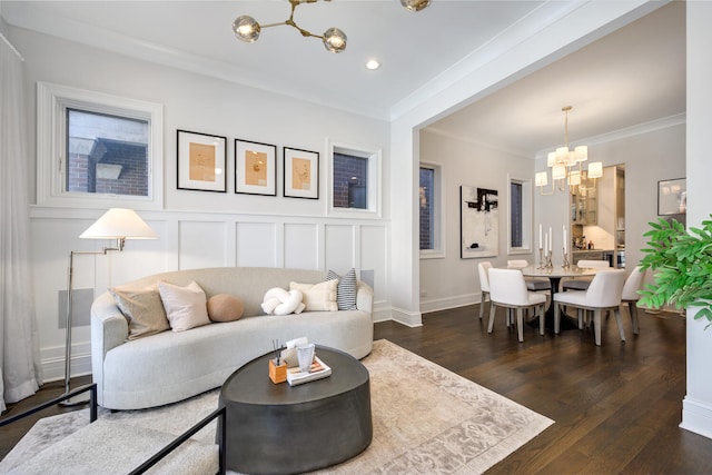 1616 N Winchester Ave, Chicago, IL 60622 - living room featuring a chandelier, ornamental molding, dark wood-type flooring, and recessed lighting