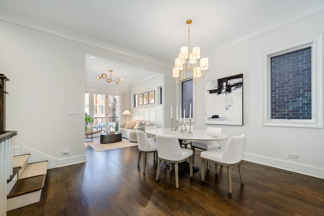 1616 N Winchester Ave, Chicago, IL 60622 - dining space with a chandelier, crown molding, baseboards, wood finished floors, and stairway