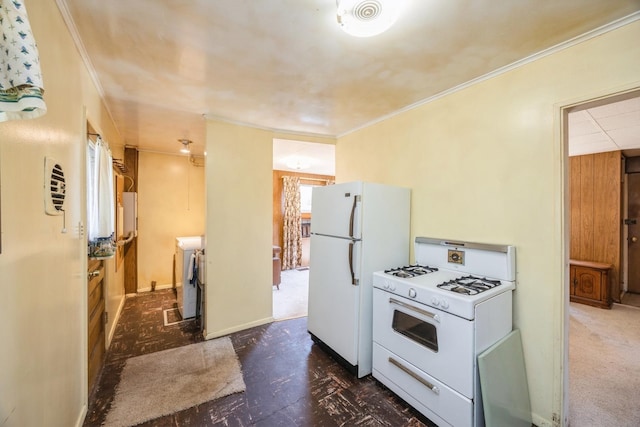 6131 S Brainard Ave, Countryside, IL 60525 - kitchen with white appliances, ornamental molding, washing machine and clothes dryer, and baseboards