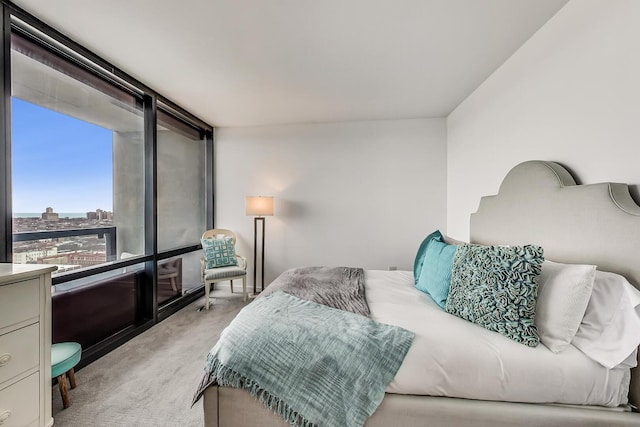 bedroom featuring light carpet