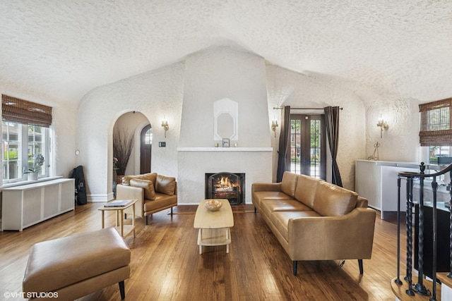 1009 S Delphia Ave, Park Ridge, IL 60068 - living area featuring radiator, vaulted ceiling, arched walkways, a textured ceiling, and wood-type flooring