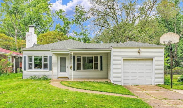 608 Hessel Blvd, Champaign, IL 61820 - view of front of home featuring an attached garage, driveway, a front lawn, a chimney, and a shingled roof