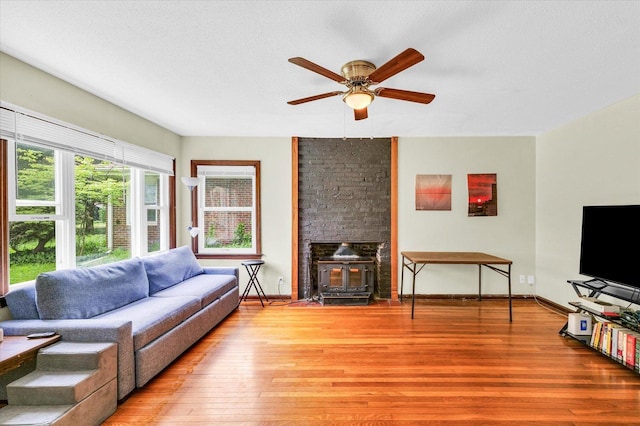 608 Hessel Blvd, Champaign, IL 61820 - living room with a wood stove, light wood-style floors, ceiling fan, and baseboards