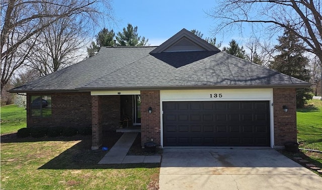 single story home with a garage, brick siding, driveway, a front yard, and a shingled roof