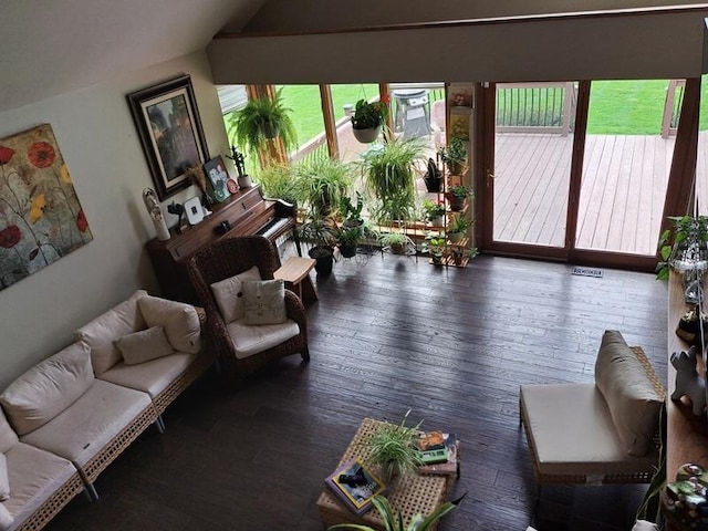 living room featuring plenty of natural light, hardwood / wood-style flooring, and lofted ceiling