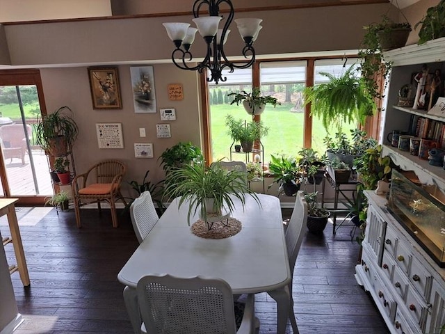 dining room featuring dark wood-type flooring, healthy amount of natural light, and a chandelier