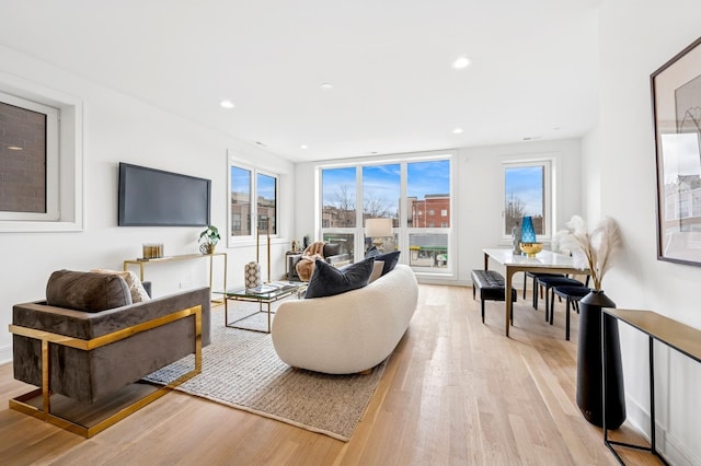 living area featuring light wood finished floors and recessed lighting