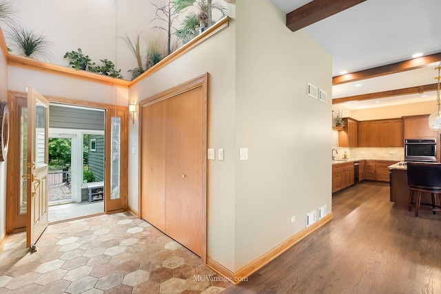 14530 136th St, Lemont, IL 60439 - entryway featuring beam ceiling, a high ceiling, baseboards, and recessed lighting