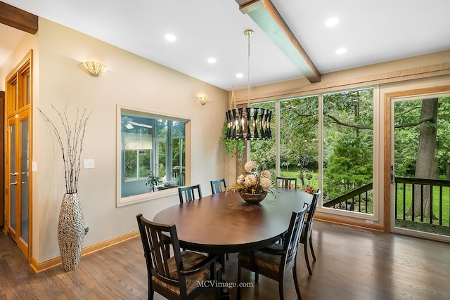 14530 136th St, Lemont, IL 60439 - dining area with wood finished floors, baseboards, beamed ceiling, recessed lighting, and a chandelier