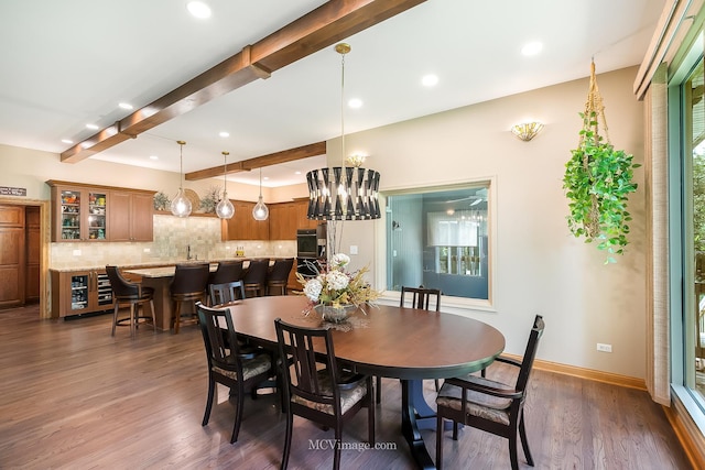 14530 136th St, Lemont, IL 60439 - dining area featuring beam ceiling, dark wood-style floors, baseboards, recessed lighting, and wet bar