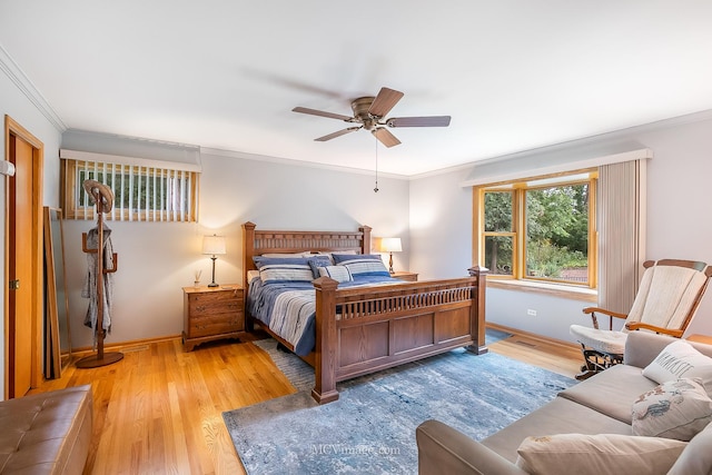 14530 136th St, Lemont, IL 60439 - bedroom with baseboards, light wood finished floors, ornamental molding, and a ceiling fan