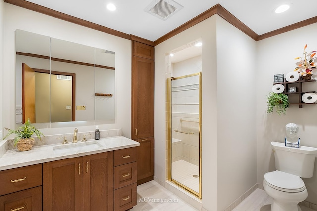 14530 136th St, Lemont, IL 60439 - full bathroom featuring a stall shower, toilet, vanity, crown molding, and baseboards