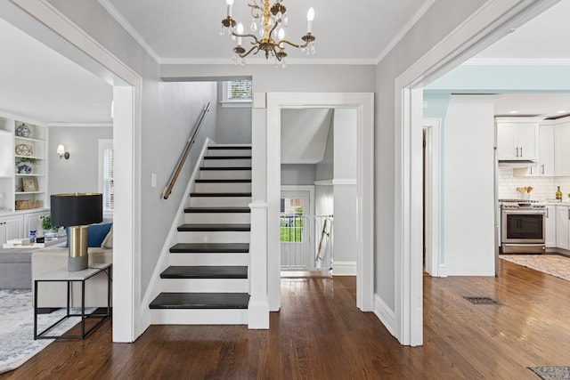 225 N Knight Ave, Park Ridge, IL 60068 - staircase with wood finished floors, a chandelier, baseboards, and crown molding
