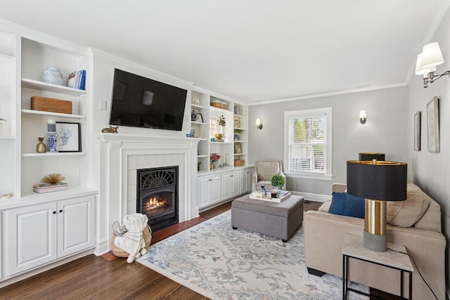 225 N Knight Ave, Park Ridge, IL 60068 - living area with dark wood finished floors, ornamental molding, a fireplace, and built in shelves