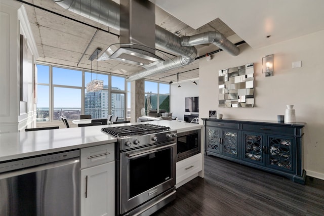 kitchen with stainless steel appliances, dark wood finished floors, range hood, white cabinets, and light countertops