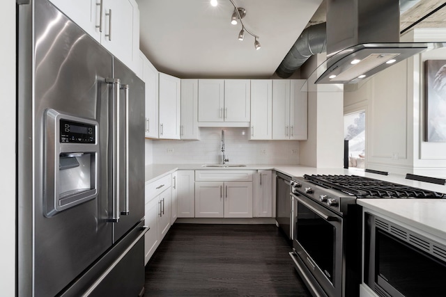 kitchen featuring premium appliances, a sink, light countertops, and island range hood